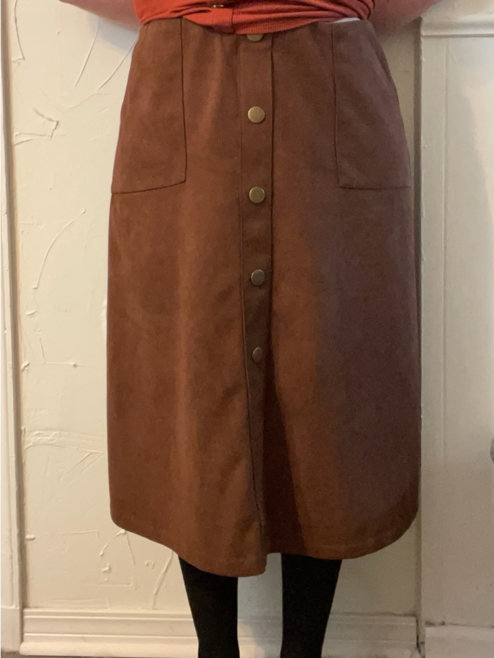 Cato Faux Suede Brown Button-Front Midi Skirt